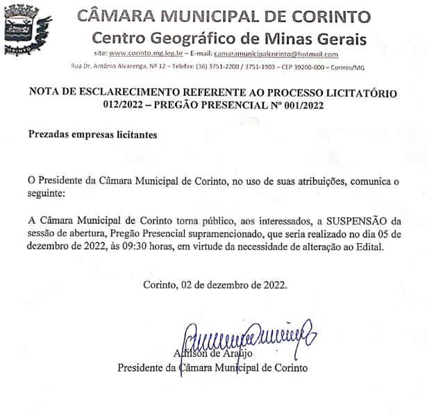 CÂMARA MUNICIPAL DE CORINTO SUSPENDE PREGÃO PARA ADEQUAR O EDITAL.